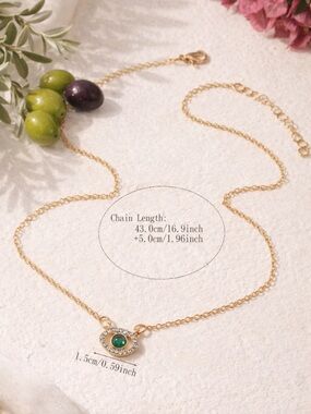 Gold-Plated Eye Pendant Necklace with Green Stone - Unbranded
